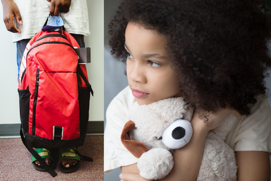 Girl holding stuffed animal and boy with red backpack - Comfort Cases